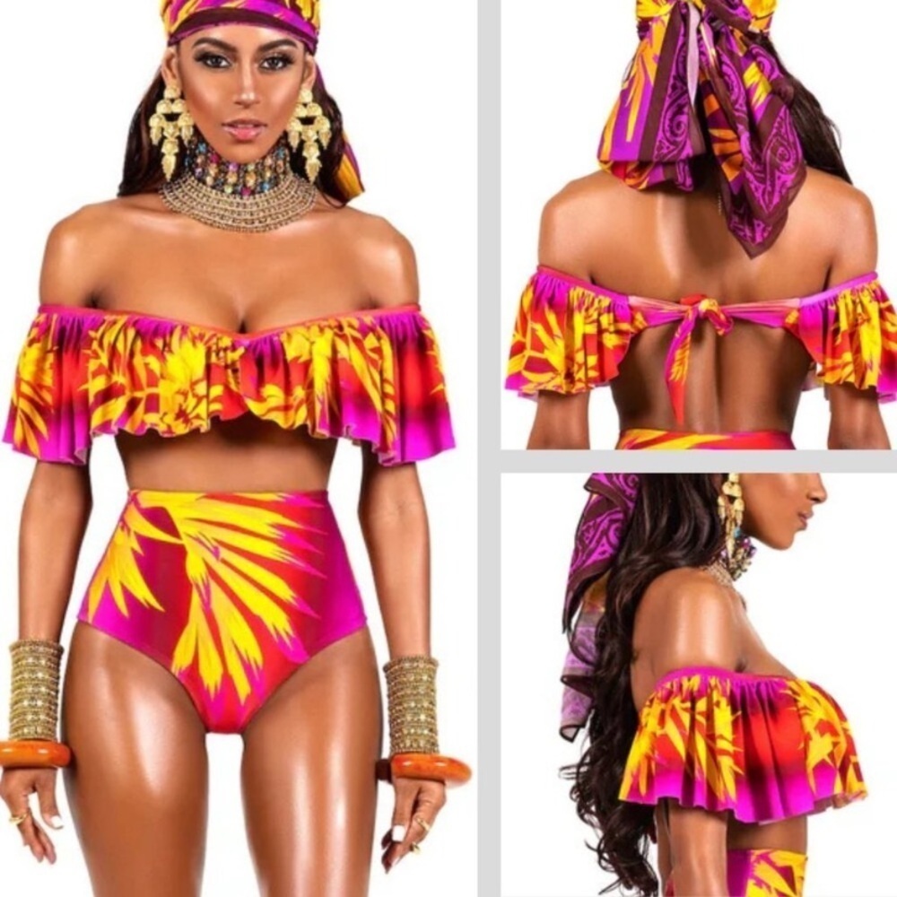 New! Bfyne Zaida Red Yellow Ruffled Off -The-Shoulder Swim Top 10581